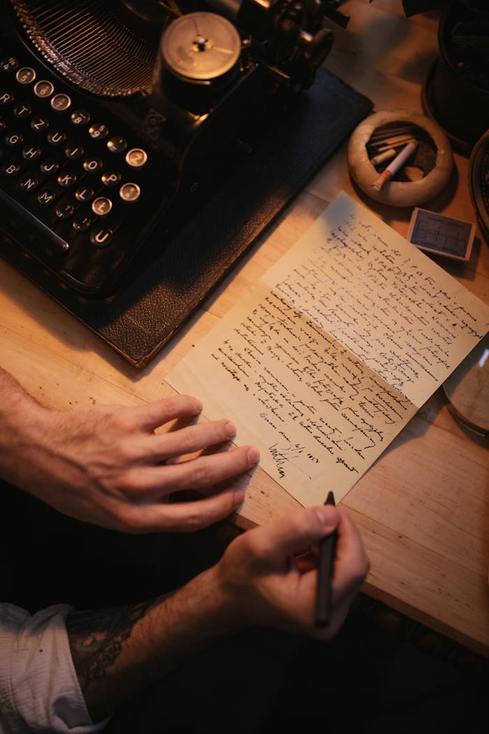 Close-up of hands writing a letter next to a vintage typewriter on a wooden desk.